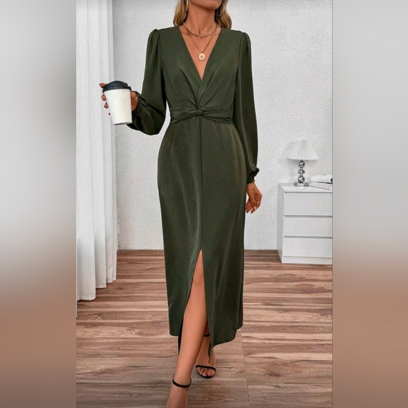 New Chic Plunge Twist Front Split Midi Dress Long Sleeve Olive Green - Picture 6 of 10